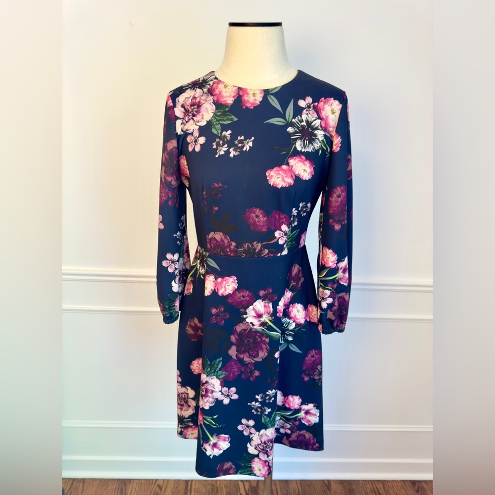 Eliza J floral print scuba dress with bell sleeve detail, size 4